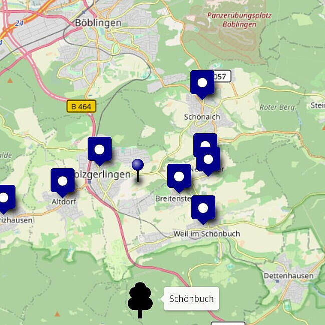 Kartenskizze mit den Gemeinden in der Schönbuchlichtung