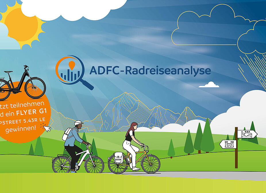 Keyvisual zur ADFC-Radreiseanalyse 2025 mit Gewinnspiel Breit